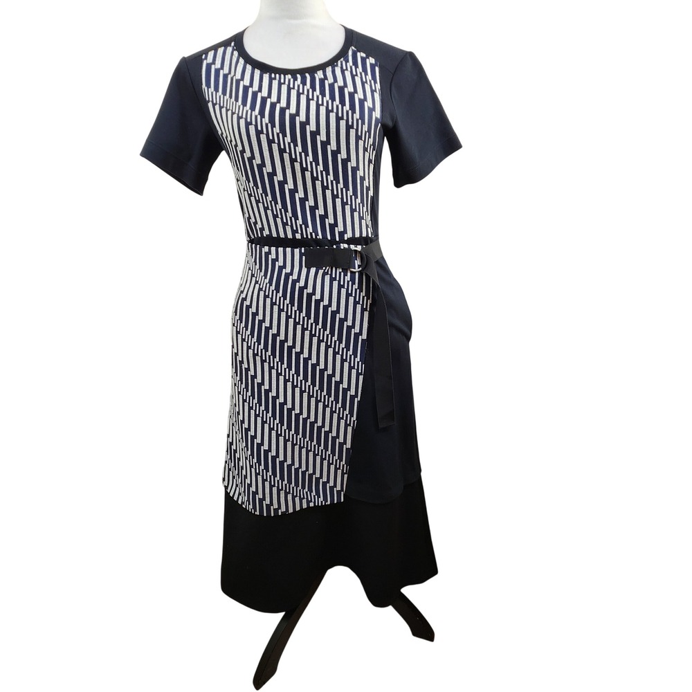 Jil Sander Navy Dress Womens Sz IT 36 US 2 XS Blue White Geometric Belted Midi